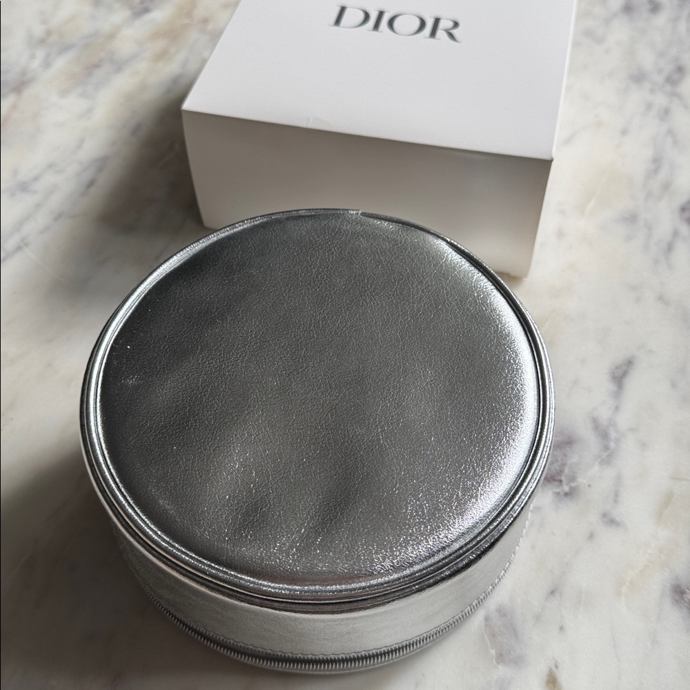 Dior // Silver Leather Round Pouch Vanity Case - Picture 4 of 5